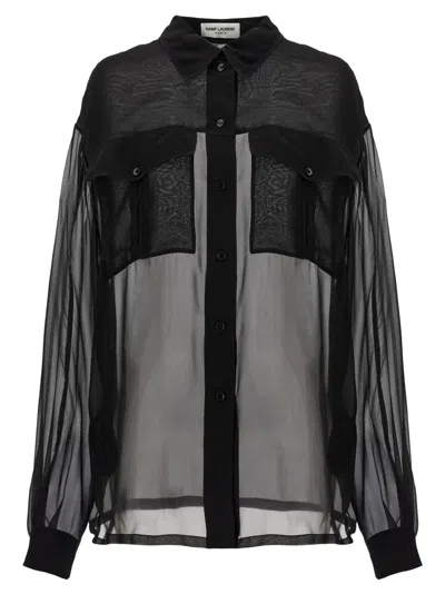 SAINT LAURENT BLACK SEMI-TRANSPARENT SHIRT