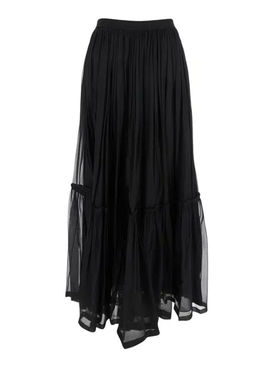 Saint Laurent Black Semi-transparent Skirt With All-over Ruche In Silk Woman