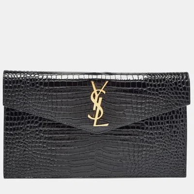 Pre-owned Saint Laurent Black Shine Croc Embossed Leather Medium Uptown Pouch