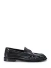 SAINT LAURENT BLACK SHINY AND CRINKLED LAMBSKIN LOAFERS WITH YSL MONOGRAM FOR WOMEN