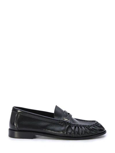 Saint Laurent Black Shiny And Crinkled Lambskin Loafers With Ysl Monogram For Women