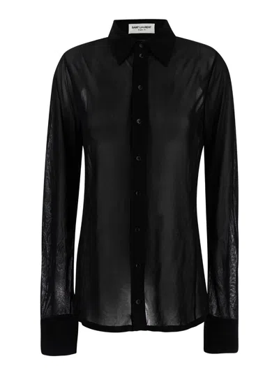 Saint Laurent Black Shirt With Transparent Effect In Jersey Crepe Woman In Multicolor