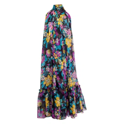 Pre-owned Saint Laurent Black Silk Chiffon 2021 Tie Neck Floral Maxi Dress 34 Xxs