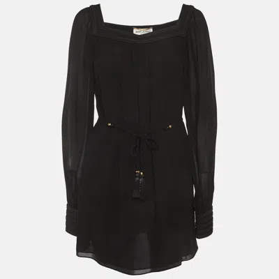 Pre-owned Saint Laurent Black Silk Crepe Square Neck Mini Dress L