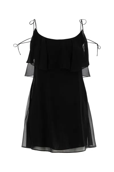 Saint Laurent Mini Dress Silk Spaghetti Straps Ruffle In Black