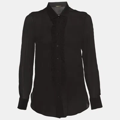 Pre-owned Saint Laurent Black Silk Ruffle Detail Shirt Blouse M