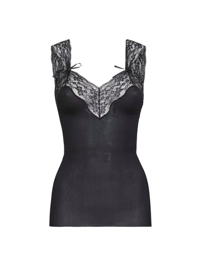 Saint Laurent Lace Pleated Silk Top In Black