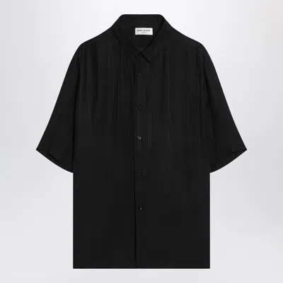 Saint Laurent Black Silk Shirt With Cassandre Logo Men In Blue