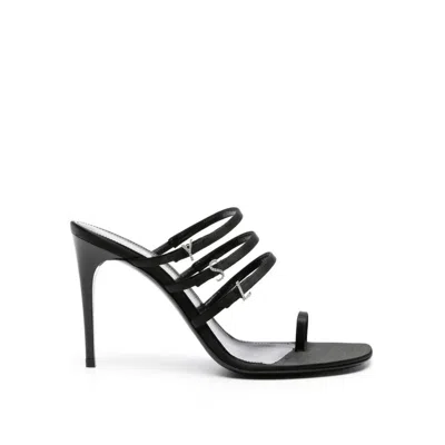 SAINT LAURENT BLACK SILK STILETTO HEEL SANDALS