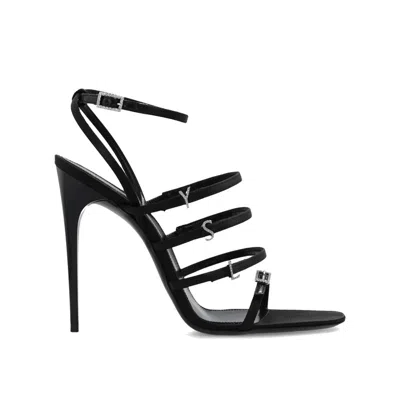 SAINT LAURENT BLACK SILK STILETTO HEEL SANDALS