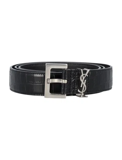 SAINT LAURENT BLACK SILVER LOGO BELT