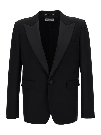 Saint Laurent Black Single-breasted Tuxedo Jacket In Virgin Wool Man In Multicolor