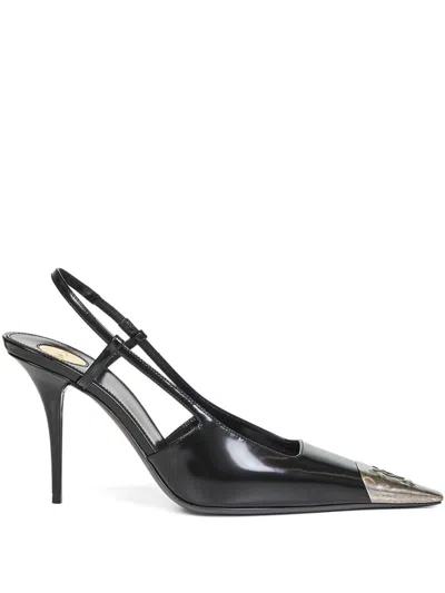 Saint Laurent Jeanne Slingback Pumps In Glazed Leather With Metal Toe Shoes In Black
