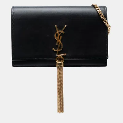 Pre-owned Saint Laurent Black Smooth Calfskin Monogram Kate Tassel Chain Wallet