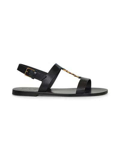 SAINT LAURENT BLACK SMOOTH LEATHER CASSANDRE FLAT SANDALS