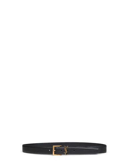 Saint Laurent Black Smooth Leather Cassandre Vadim Belt In Blue