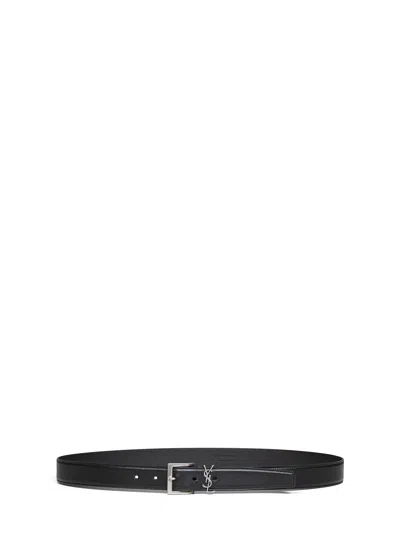 Saint Laurent Black Smooth Leather Cassandre Vadim Belt In Green