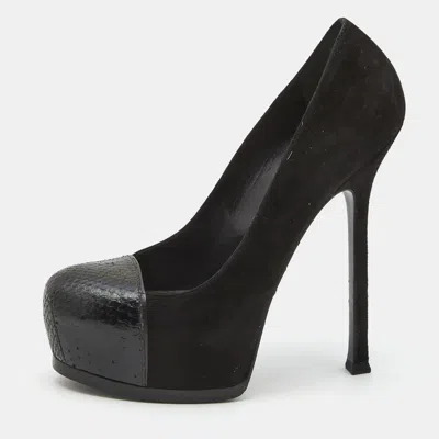 Pre-owned Saint Laurent Black Snakeskin And Suede Tribtoo Pumps Size 37.5