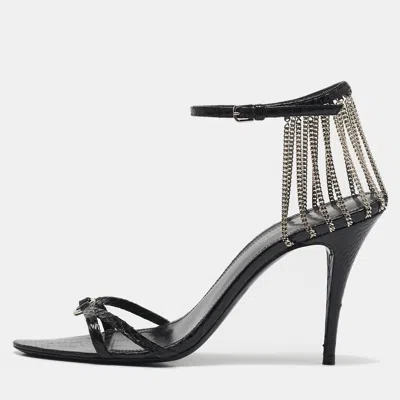 Pre-owned Saint Laurent Black Snakeskin Leather Chain Ankle Strap Sandals Size 37