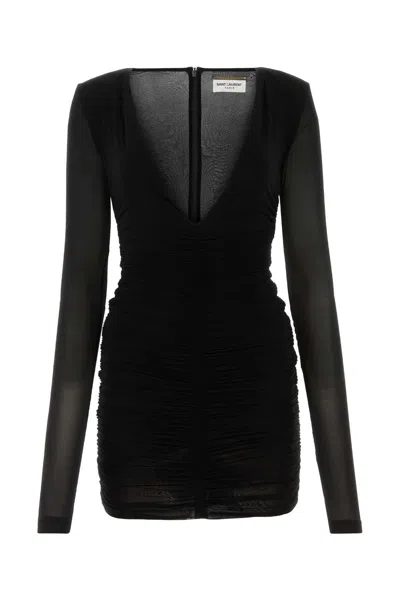 Saint Laurent Sleeve V-neck Mini Dress With Button Accents In Black