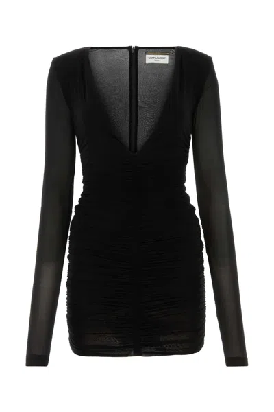 Saint Laurent Sleeve V-neck Mini Dress With Button Accents In Black