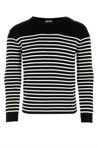 SAINT LAURENT BLACK STRIPED CREWNECK SWEATSHIRT