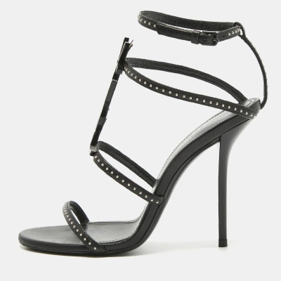 Pre-owned Saint Laurent Black Studded Leather Cassandra Ankle Strap Sandals Size 36