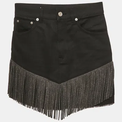 Pre-owned Saint Laurent Black Studded Leather Fringe Trim Denim Skirt S Waist 27"