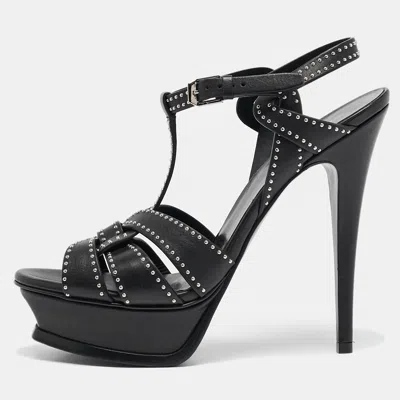 Pre-owned Saint Laurent Black Studded Leather Tribute Platform Sandals Size 38.5