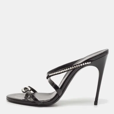 Pre-owned Saint Laurent Black Suede And Patent Leather Crystal Slide Sandals Size 37.5