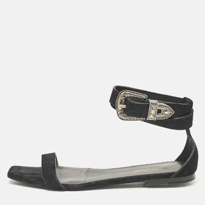 Pre-owned Saint Laurent Black Suede Ankle Strap Flat Sandals Size 39