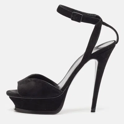 Pre-owned Saint Laurent Black Suede Ankle Strap Platform Sandals Size 37.5