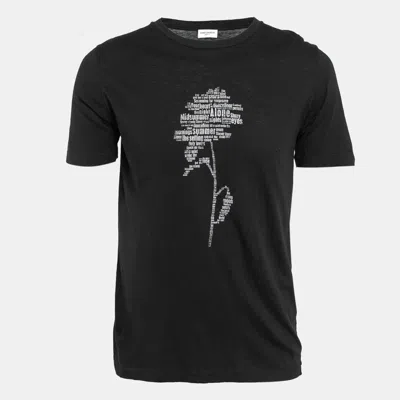 Pre-owned Saint Laurent Black Text Rose Print Jersey T-shirt Xs