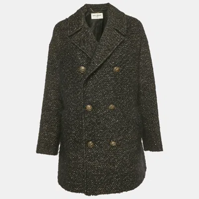 Pre-owned Saint Laurent Black Textured Tweed Double Breasted Coat S