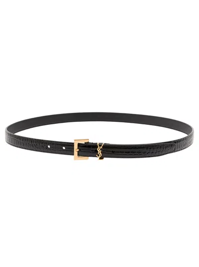 Saint Laurent Black Thin Belt With Square Buckle And Cassandre In Crocodile-embossed Leather Woman
