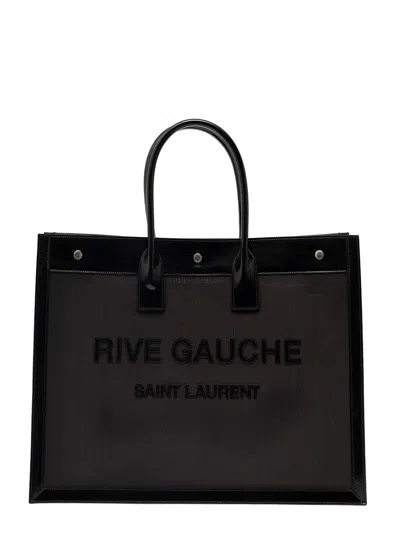 Saint Laurent Black Tote Bag With Tonal Rive Gauche Logo In Raphia Woman In Multicolor