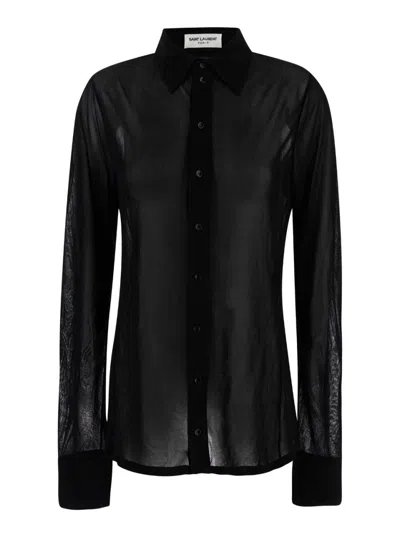 Saint Laurent Black Shirt With Transparent Effect In Jersey Crepe Woman In Multicolor