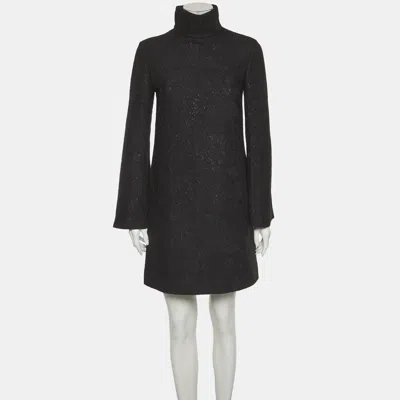 Pre-owned Saint Laurent Black Tweed Mock Neck Mini Dress M