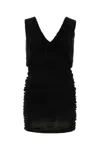 Saint Laurent Ruched V-neck Mini Dress In Black