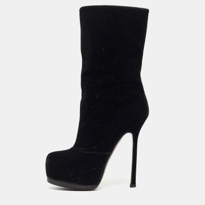 Pre-owned Saint Laurent Black Velvet Ankle Boots Size 36