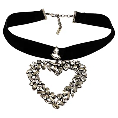 Pre-owned Saint Laurent Black Velvet Choker With Crystal-heart Pendant