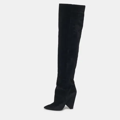Pre-owned Saint Laurent Black Velvet Niki Over The Knee Boots Size 38