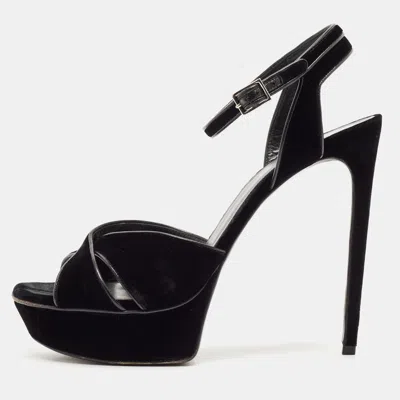 Pre-owned Saint Laurent Black Velvet Tribute Ankle Strap Sandals Size 41