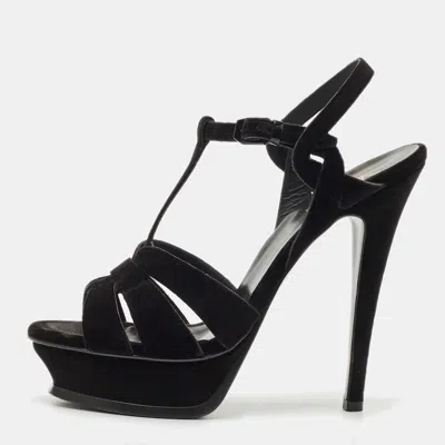 Pre-owned Saint Laurent Black Velvet Tribute Platform Sandals Size 40