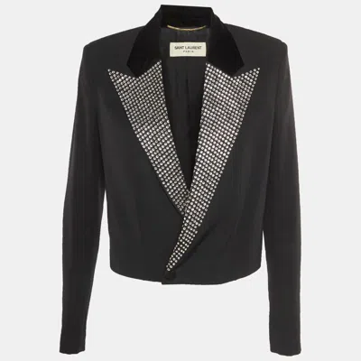 Pre-owned Saint Laurent Black Virgin Wool Embellished Crop Jacket L