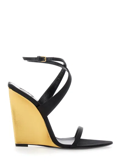 Saint Laurent Black Wedges With Criss-crossed Ankle Strap In Viscose And Silk Blend Woman In Multicolor