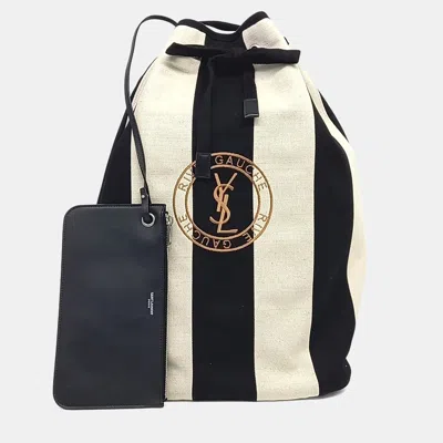 Pre-owned Saint Laurent Black White Canvas Rive Gauche Bucket Slingback