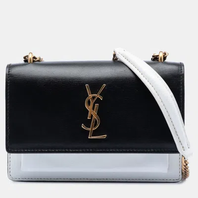 Pre-owned Saint Laurent Black White Mini Bicolor Calfskin Monogram Sunset Wallet On Chain