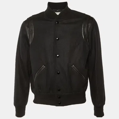 Pre-owned Saint Laurent Black Wool & Leather Trim Bomber Jacket M