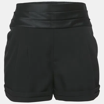 Pre-owned Saint Laurent Black Wool And Satin Trim Pleated Shorts S